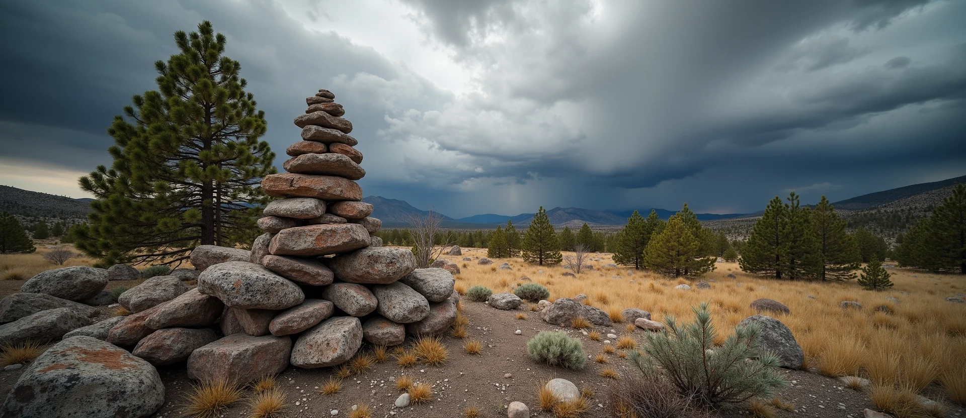 Symbolizing Stability/Peak: A local Quaking Aspen ancient rock cairn. - AI Generated