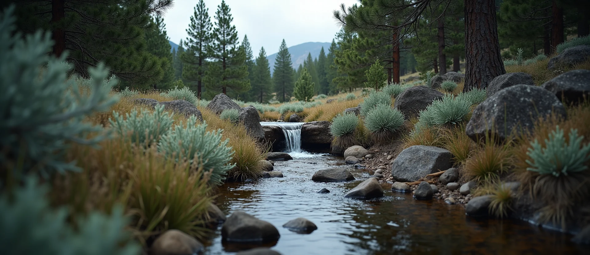 Symbolizing Flow/Cleansing: A local Ponderosa Pine hidden small waterfall. - AI Generated