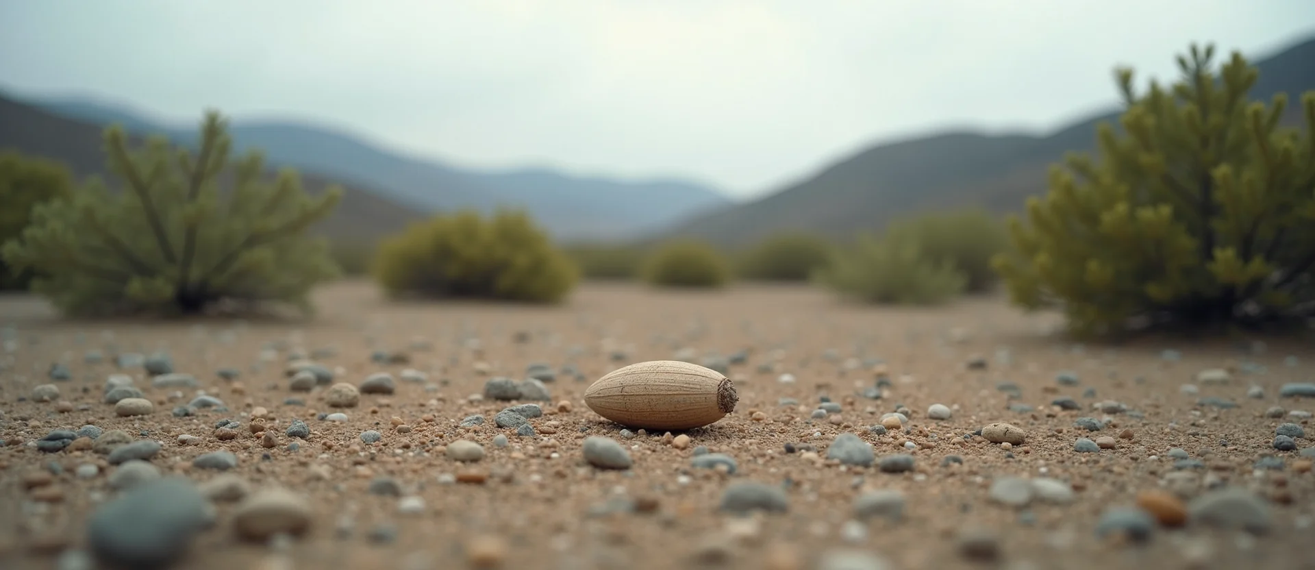Symbolizing Seed/New Beginning: A local Manzanita single pine seed on dry earth. - AI Generated