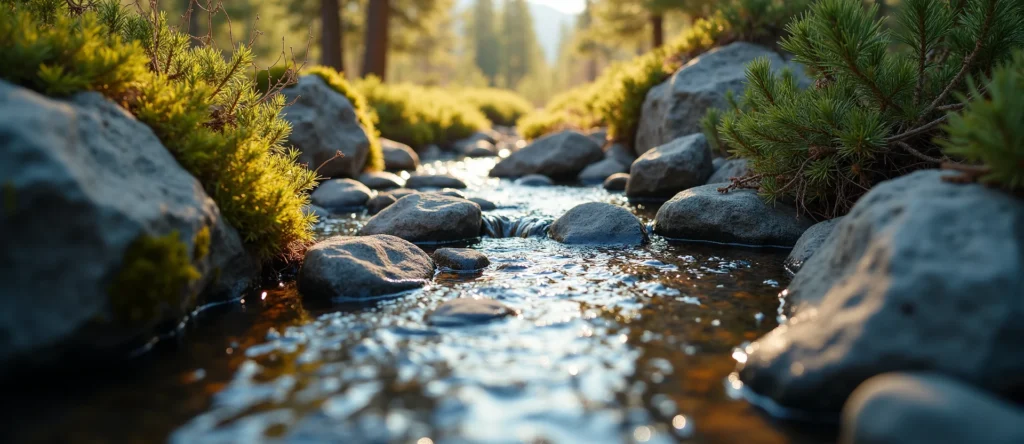 Symbolizing Flow/Cleansing: A local Sierra Juniper clear cold snowmelt stream. - AI Generated