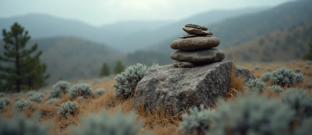 Symbolizing Stability/Peak: A local Sierra Juniper ancient rock cairn. - AI Generated