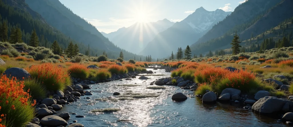 Symbolizing Flow/Cleansing: A local Indian Paintbrush babbling mountain creek. - AI Generated