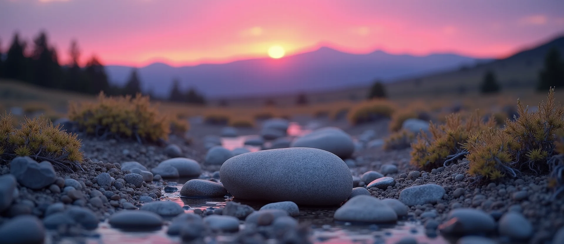 Symbolizing Flow/Cleansing: A local Rabbitbrush smooth Truckee river stones. - AI Generated