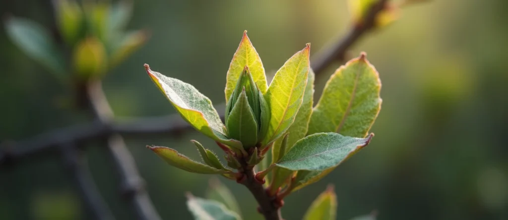 Symbolizing Seed/New Beginning: A local Mountain Mahogany new green bud on a branch. - AI Generated