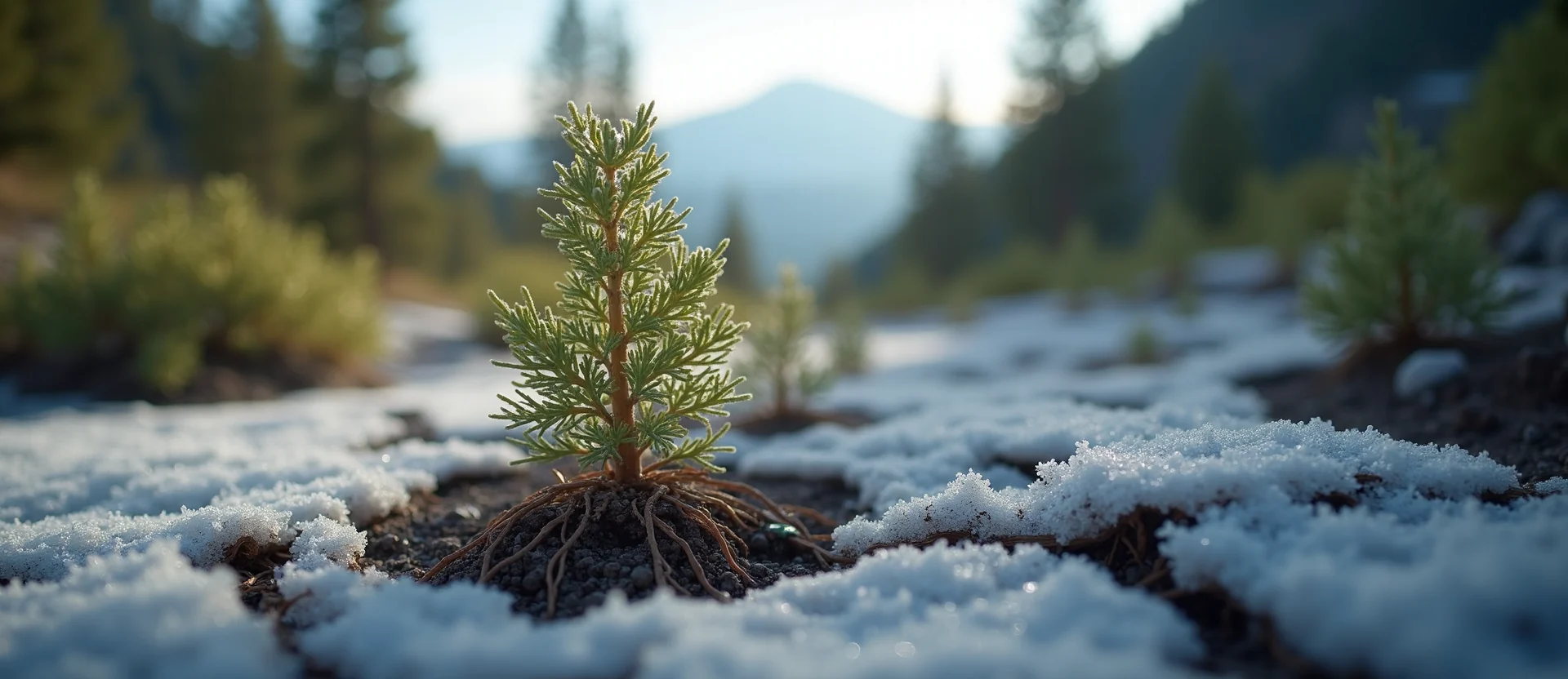 Symbolizing Seed/New Beginning: A local Sierra Juniper shoot emerging from cracked soil. - AI Generated