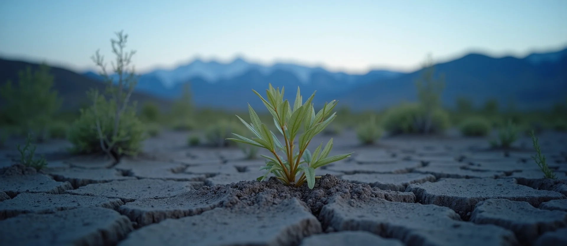 Symbolizing Seed/New Beginning: A local Bitterbrush shoot emerging from cracked soil. - AI Generated