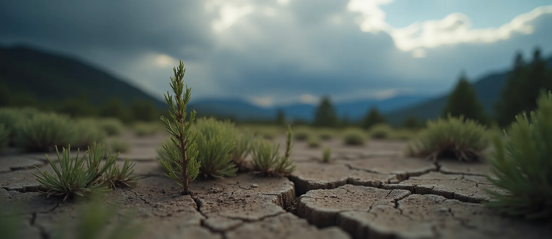Symbolizing Seed/New Beginning: A local Rabbitbrush shoot emerging from cracked soil. - AI Generated