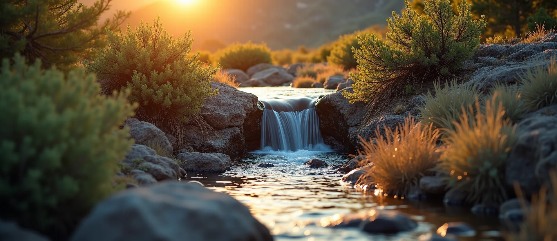 Symbolizing Flow/Cleansing: A local Mountain Mahogany hidden small waterfall. - AI Generated