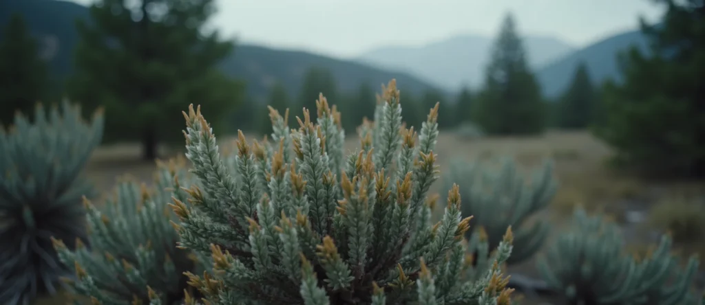 Symbolizing Flow/Cleansing: A local Ponderosa Pine raindrops on desert leaves. - AI Generated