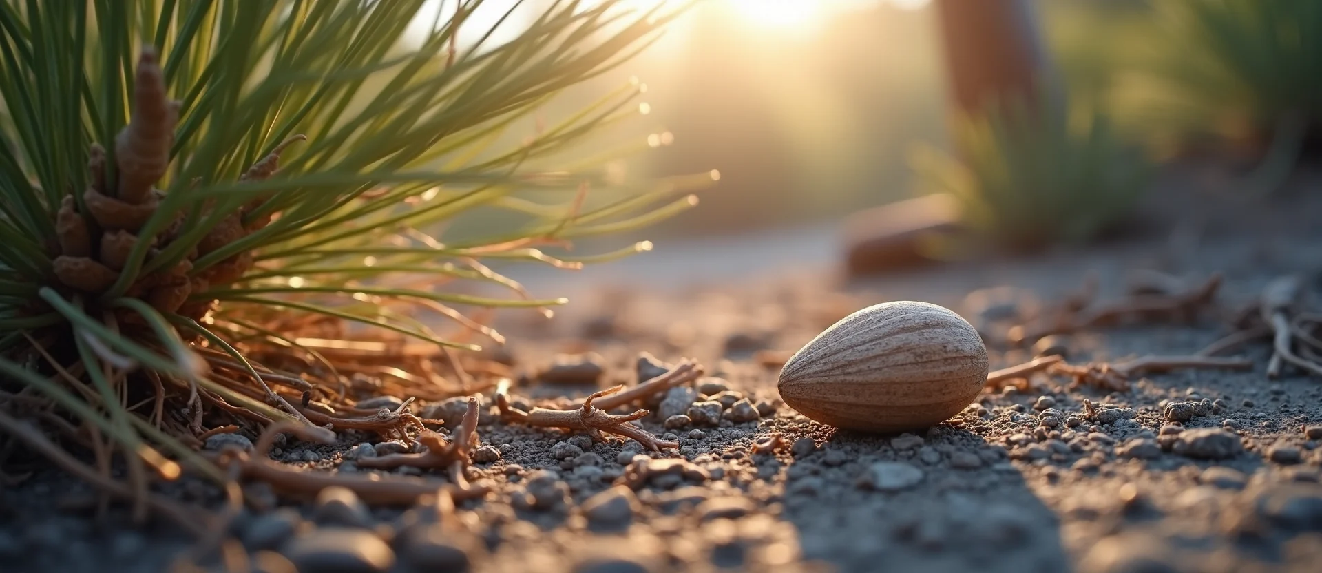 Symbolizing Seed/New Beginning: A local Desert Peach single pine seed on dry earth. - AI Generated