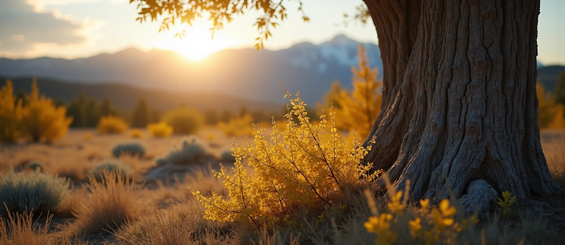 Symbolizing Growth/Resilience: A local Rabbitbrush sturdy weathered tree trunk. - AI Generated