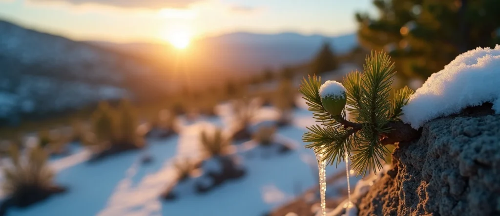 Symbolizing Seed/New Beginning: A local Sierra Juniper new green bud on a branch. - AI Generated