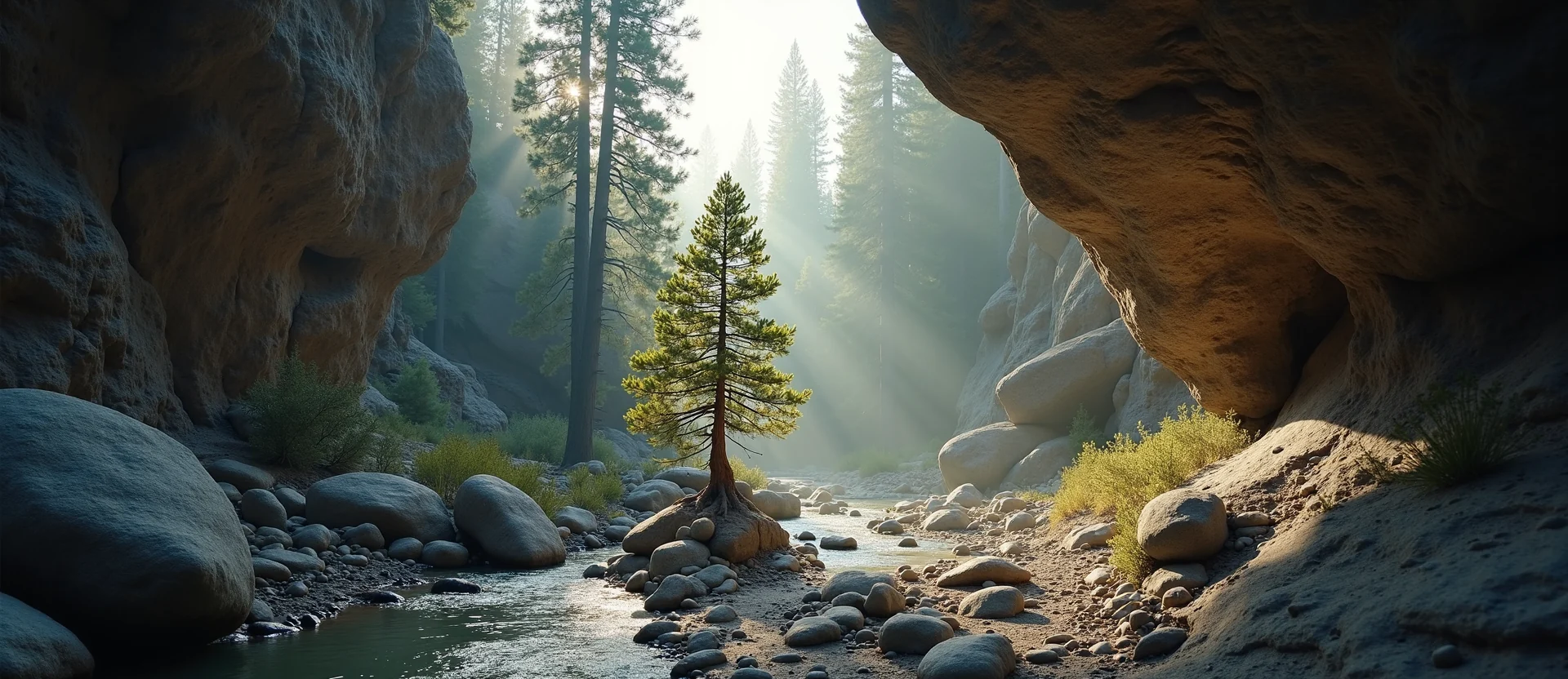 Symbolizing Growth/Resilience: A local Ponderosa Pine tree growing out of a rock cleft. - AI Generated
