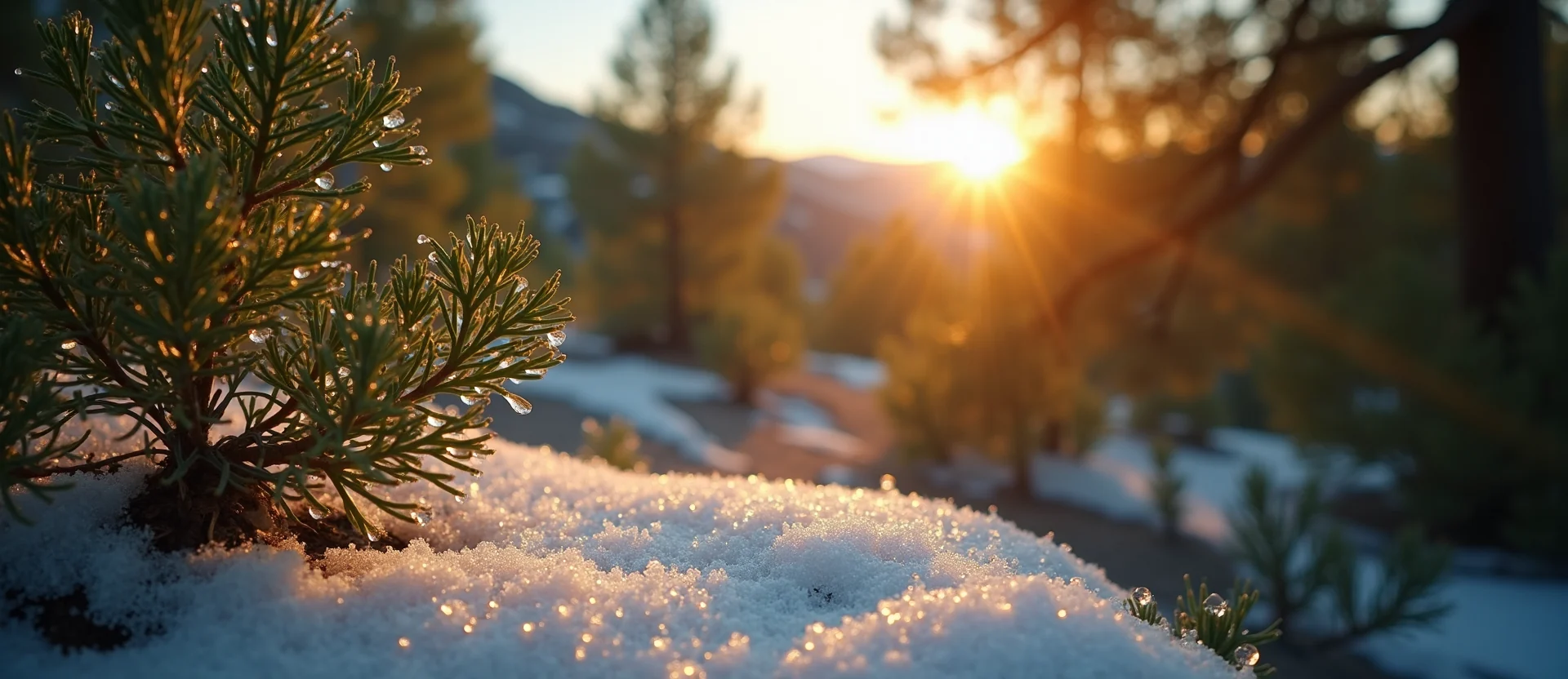 Symbolizing Flow/Cleansing: A local Sierra Juniper raindrops on desert leaves. - AI Generated