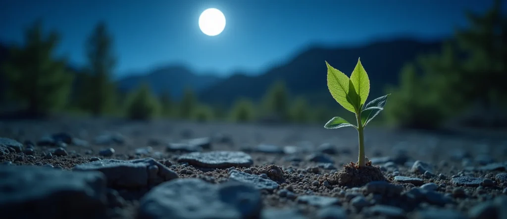 Symbolizing Seed/New Beginning: A local Manzanita shoot emerging from cracked soil. - AI Generated