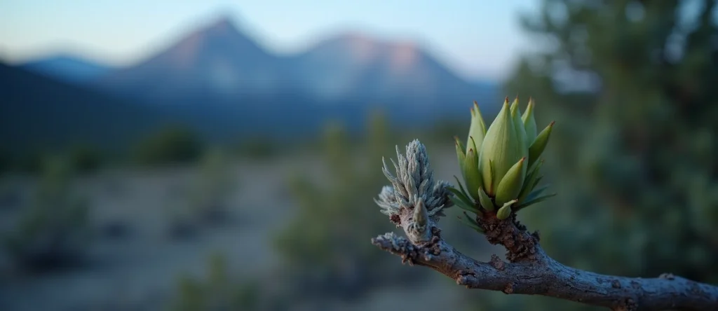 Symbolizing Seed/New Beginning: A local Sierra Juniper new green bud on a branch. - AI Generated
