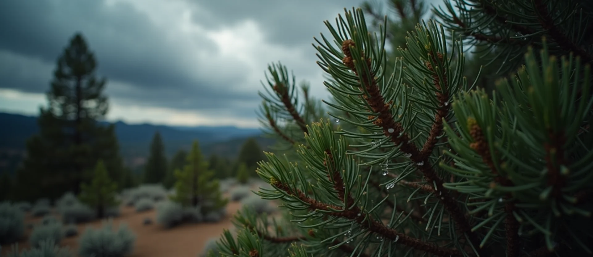 Symbolizing Flow/Cleansing: A local Sierra Juniper raindrops on desert leaves. - AI Generated