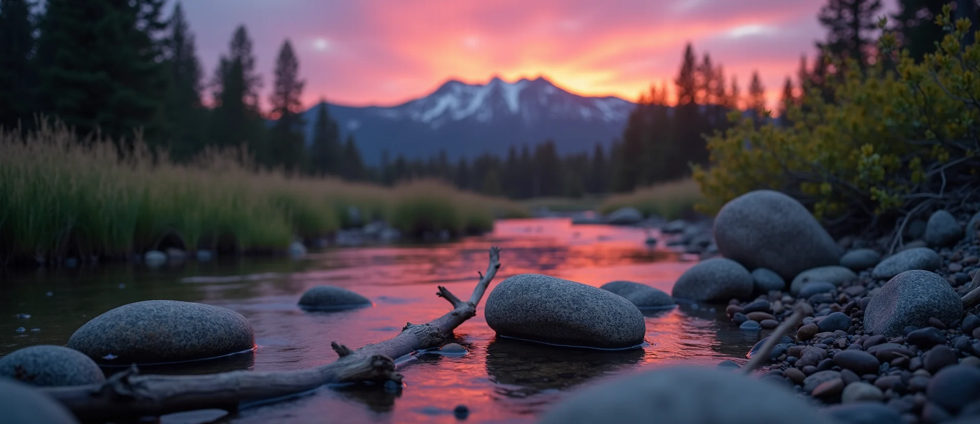 Symbolizing Flow/Cleansing: A local Rabbitbrush smooth Truckee river stones. - AI Generated
