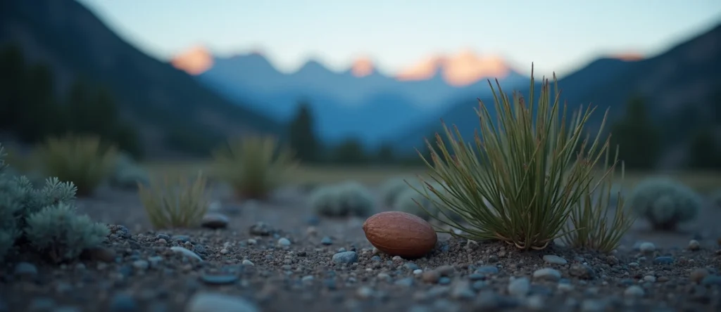 Symbolizing Seed/New Beginning: A local Mountain Mahogany single pine seed on dry earth. - AI Generated