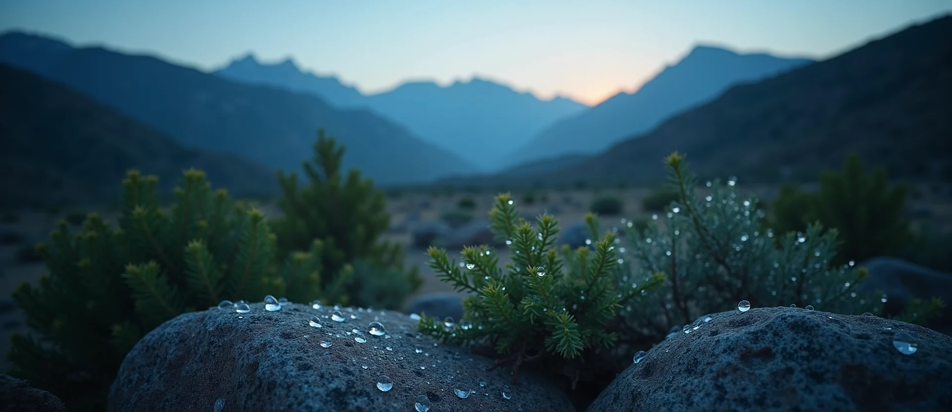 Symbolizing Flow/Cleansing: A local Sierra Juniper raindrops on desert leaves. - AI Generated