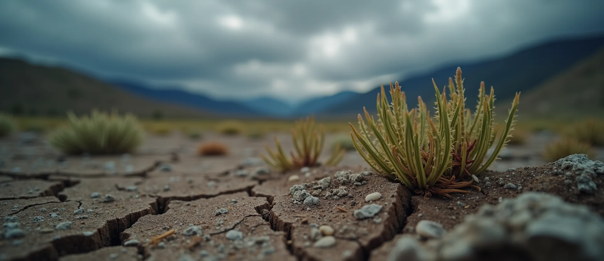 Symbolizing Seed/New Beginning: A local Bitterbrush shoot emerging from cracked soil. - AI Generated