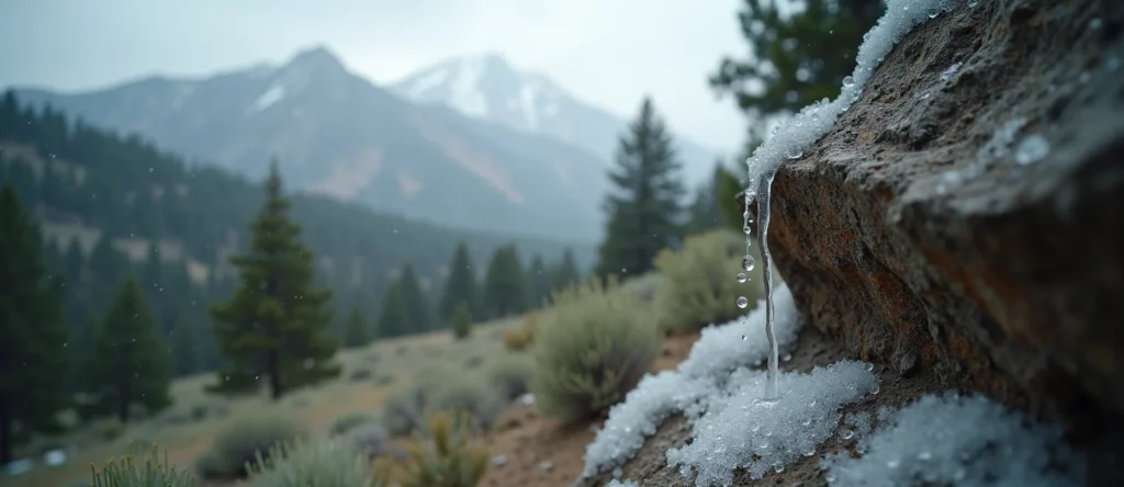 Symbolizing Flow/Cleansing: A local Ponderosa Pine raindrops on desert leaves. - AI Generated