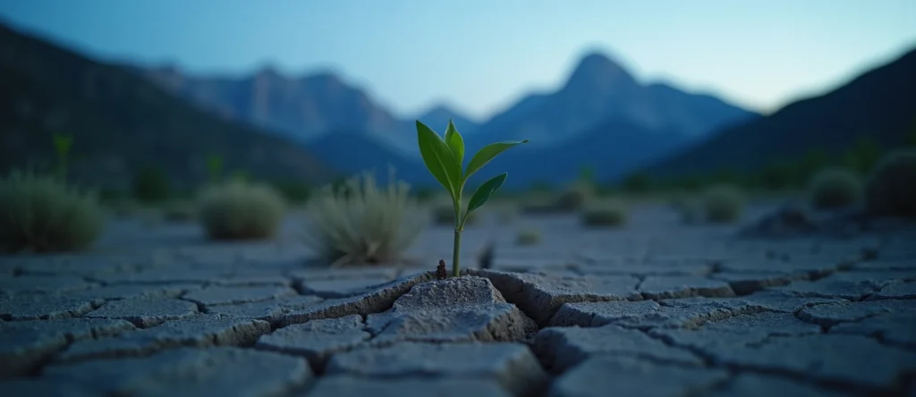 Symbolizing Seed/New Beginning: A local Desert Peach shoot emerging from cracked soil. - AI Generated