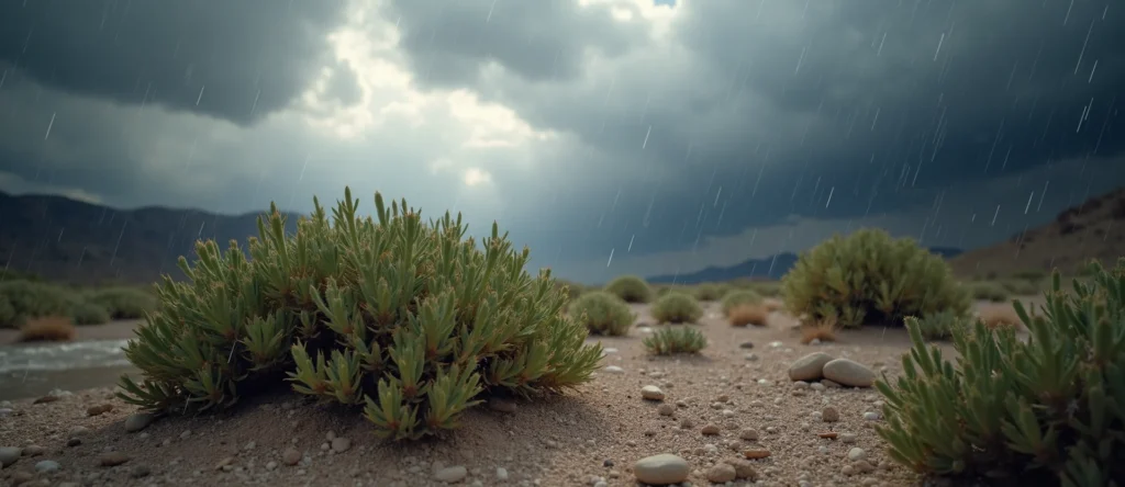 Symbolizing Flow/Cleansing: A local Desert Peach raindrops on desert leaves. - AI Generated