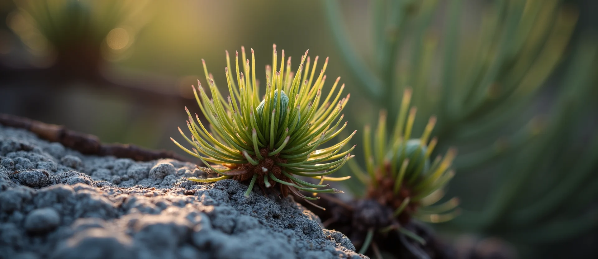 Symbolizing Seed/New Beginning: A local Ponderosa Pine new green bud on a branch. - AI Generated