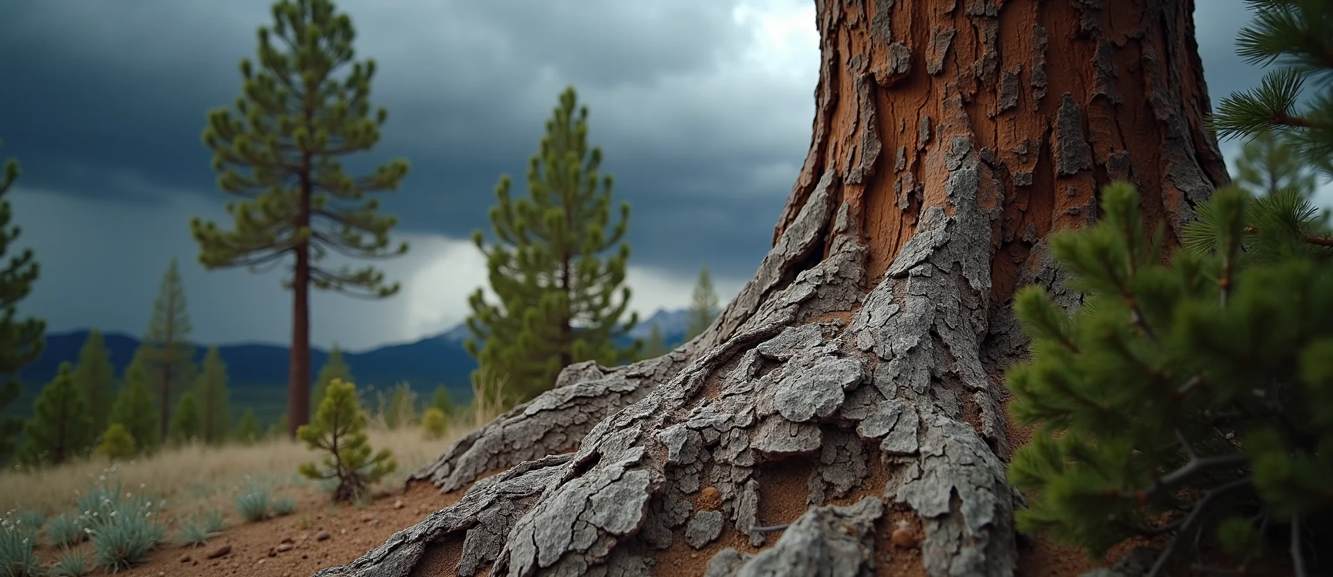 Symbolizing Growth/Resilience: A local Ponderosa Pine sturdy weathered tree trunk. - AI Generated