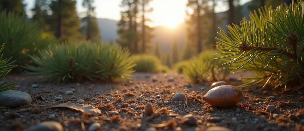 Symbolizing Seed/New Beginning: A local Sierra Juniper single pine seed on dry earth. - AI Generated