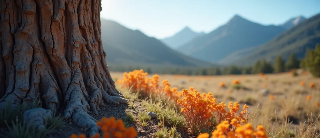 Symbolizing Growth/Resilience: A local Indian Paintbrush sturdy weathered tree trunk. - AI Generated