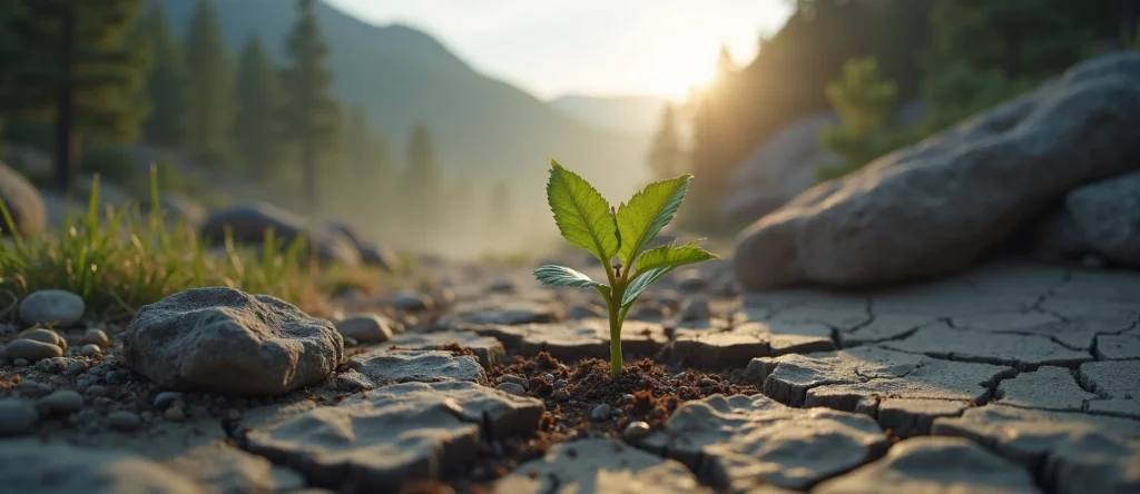 Symbolizing Seed/New Beginning: A local Bitterbrush shoot emerging from cracked soil. - AI Generated