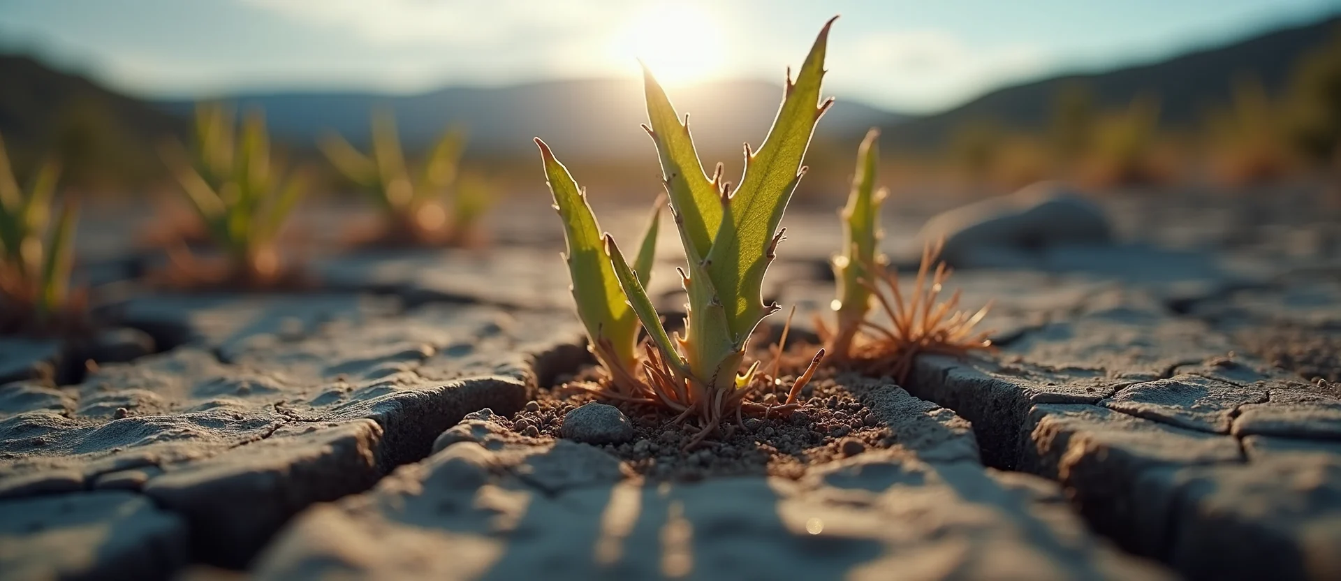 Symbolizing Seed/New Beginning: A local Manzanita shoot emerging from cracked soil. - AI Generated