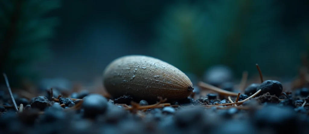 Symbolizing Seed/New Beginning: A local Sierra Juniper single pine seed on dry earth. - AI Generated