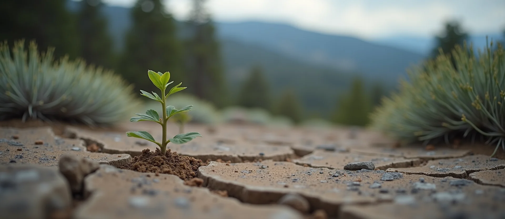 Symbolizing Seed/New Beginning: A local Ponderosa Pine shoot emerging from cracked soil. - AI Generated