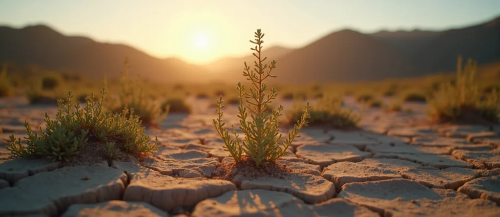 Symbolizing Seed/New Beginning: A local Rabbitbrush shoot emerging from cracked soil. - AI Generated