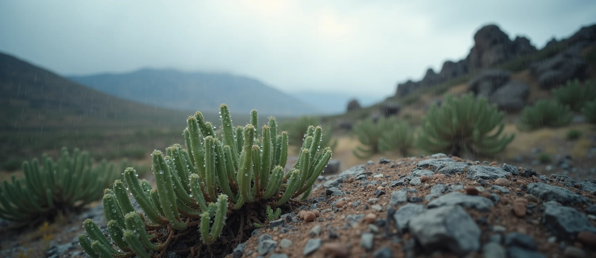 Symbolizing Flow/Cleansing: A local Manzanita raindrops on desert leaves. - AI Generated