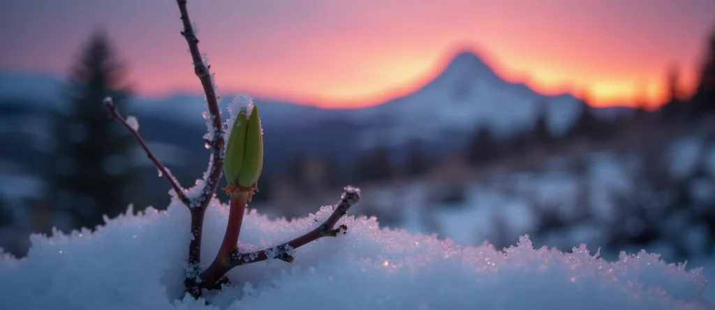 Symbolizing Seed/New Beginning: A local Manzanita new green bud on a branch. - AI Generated