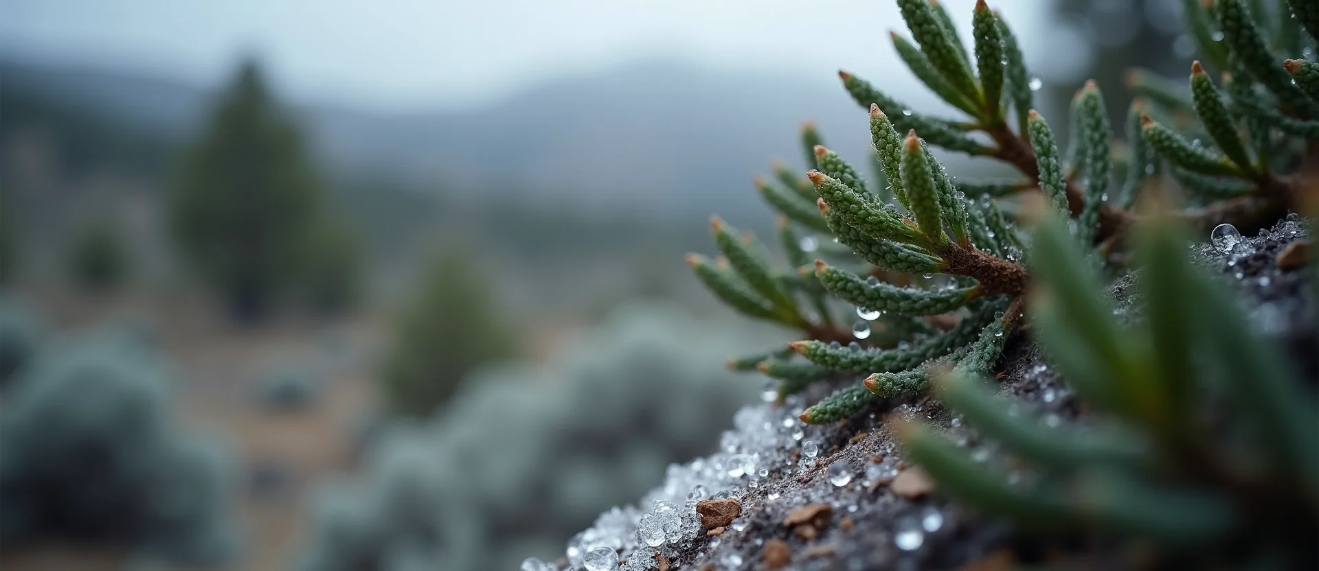 Symbolizing Flow/Cleansing: A local Sierra Juniper raindrops on desert leaves. - AI Generated