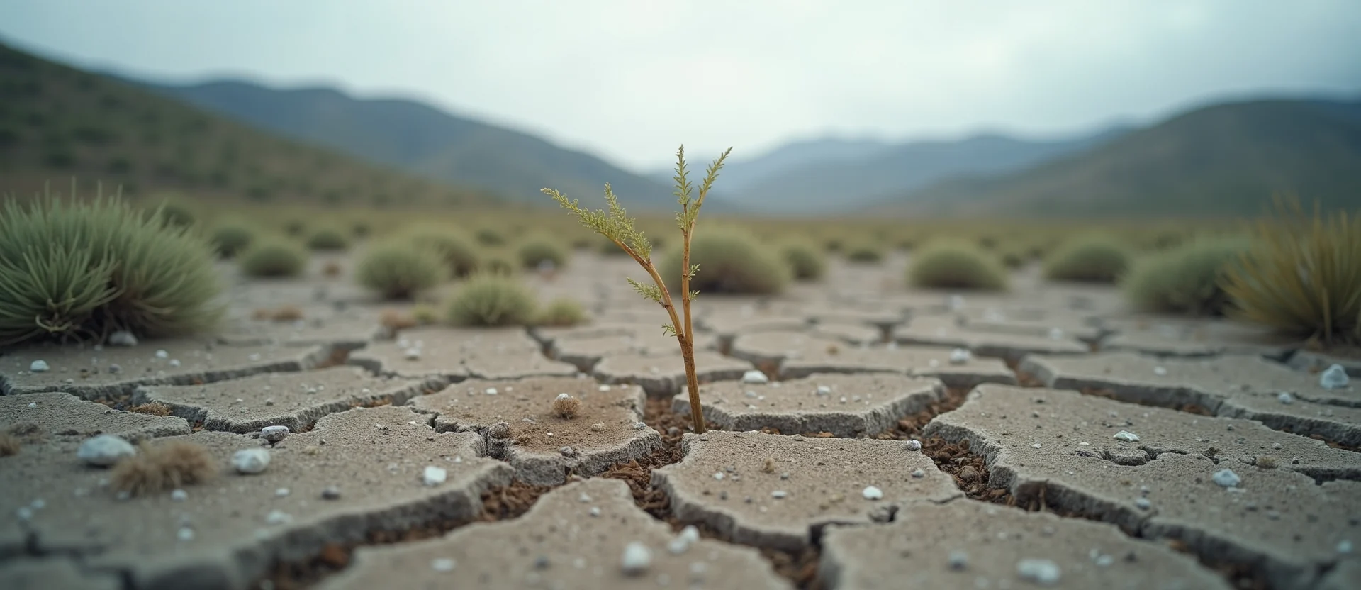 Symbolizing Seed/New Beginning: A local Sierra Juniper shoot emerging from cracked soil. - AI Generated