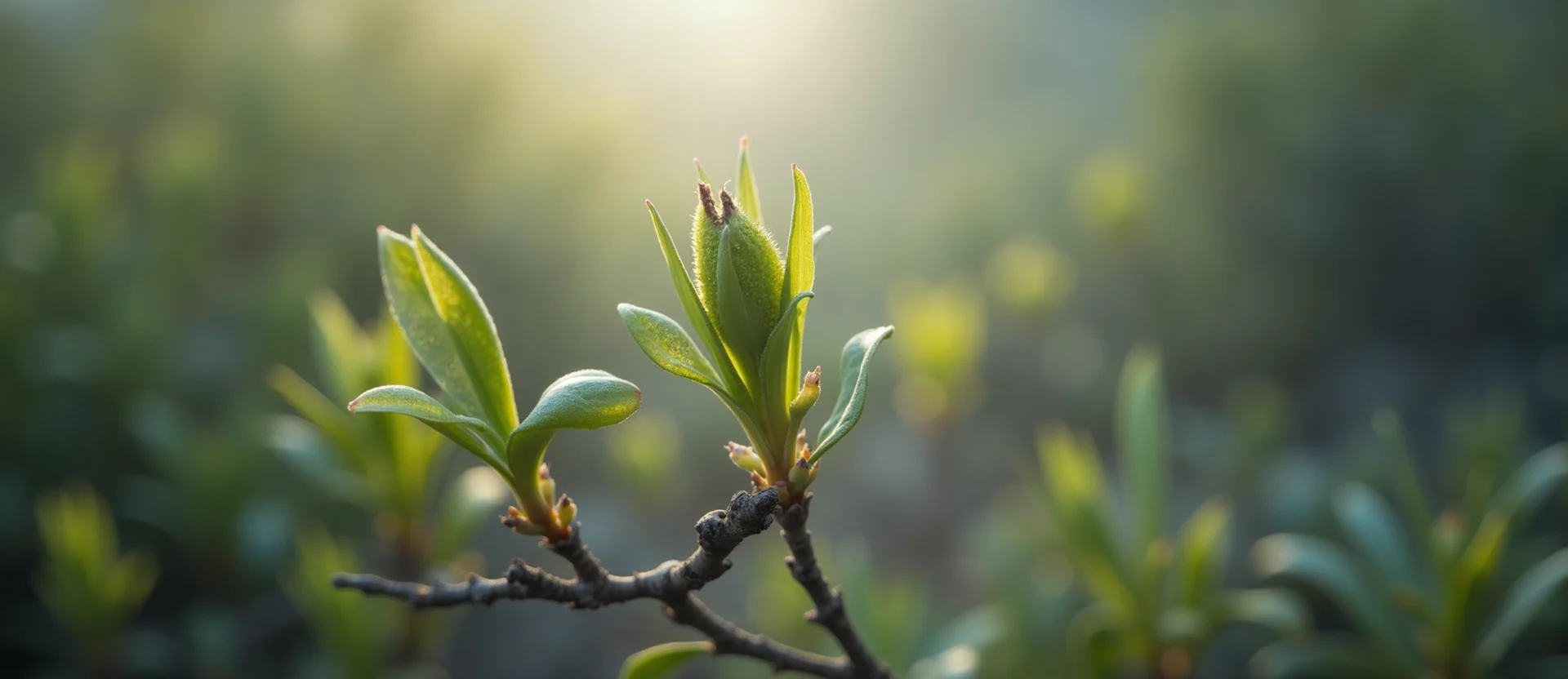 Symbolizing Seed/New Beginning: A local Rabbitbrush new green bud on a branch. - AI Generated