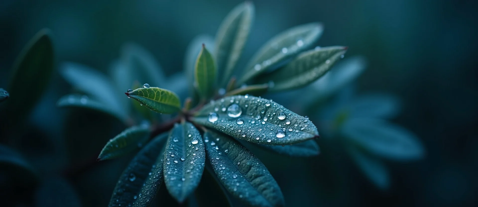 Symbolizing Flow/Cleansing: A local Mountain Mahogany raindrops on desert leaves. - AI Generated