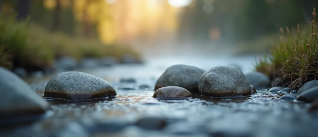 Symbolizing Flow/Cleansing: A local Sierra Juniper smooth Truckee river stones. - AI Generated