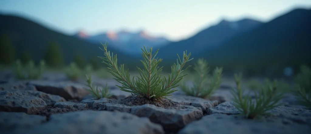 Symbolizing Seed/New Beginning: A local Sagebrush (Artemisia tridentata) shoot emerging from cracked soil. - AI Generated