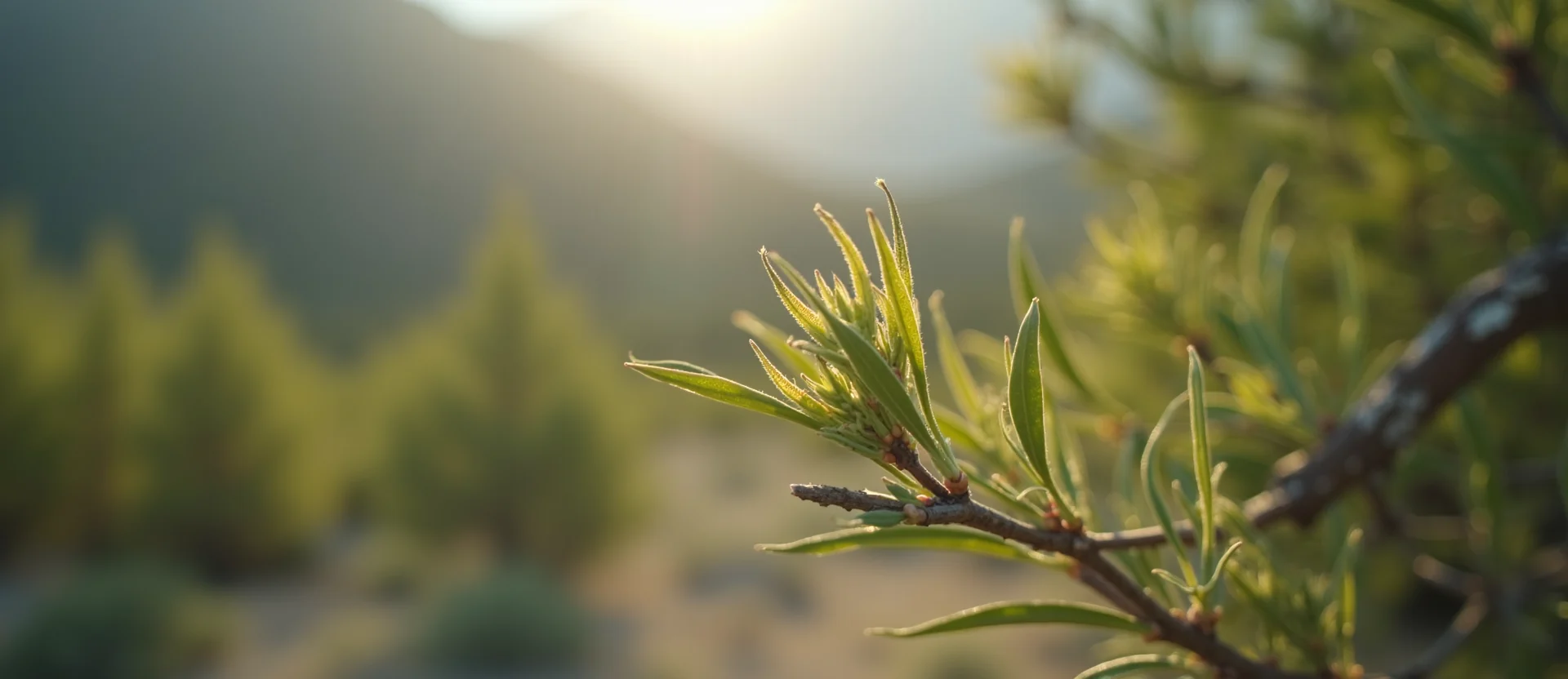 Symbolizing Seed/New Beginning: A local Sierra Juniper new green bud on a branch. - AI Generated