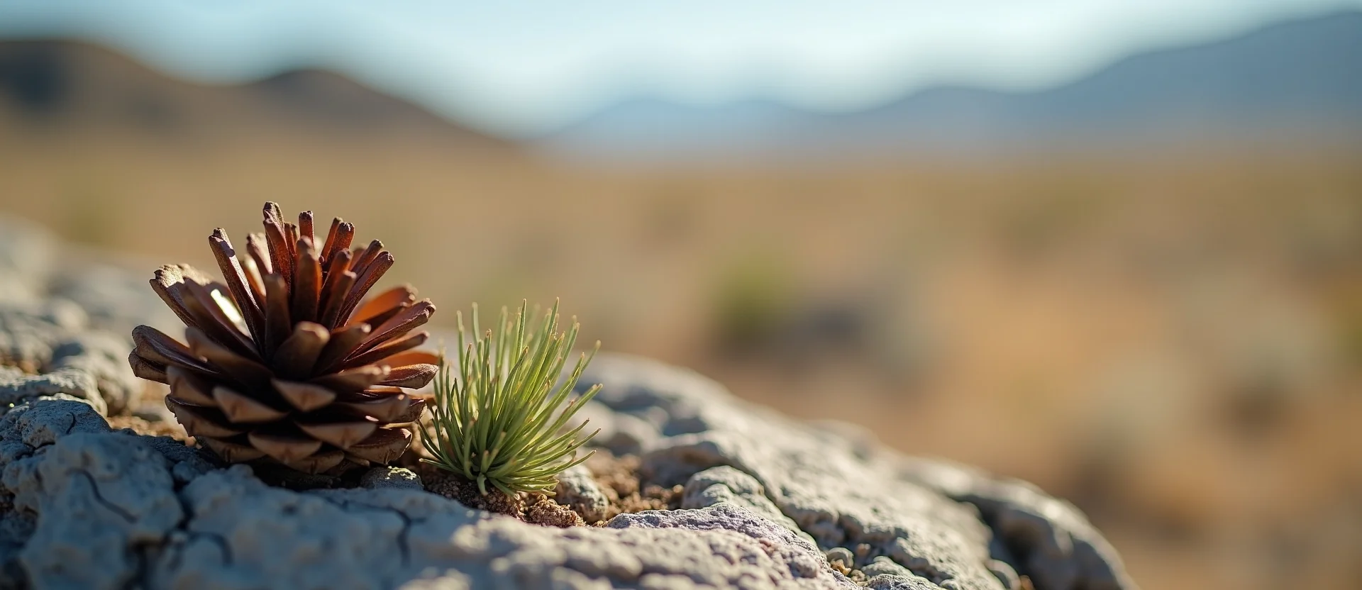 Symbolizing Seed/New Beginning: A local Desert Peach opening pine cone. - AI Generated