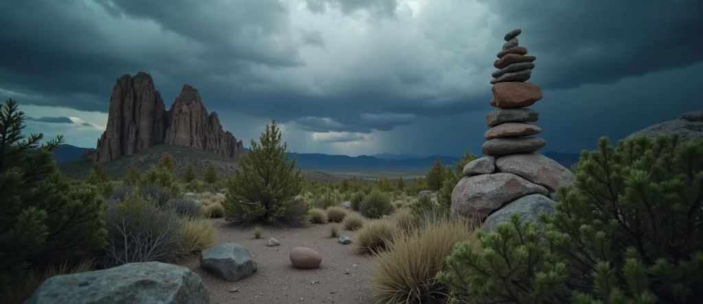 Symbolizing Stability/Peak: A local Sierra Juniper ancient rock cairn. - AI Generated