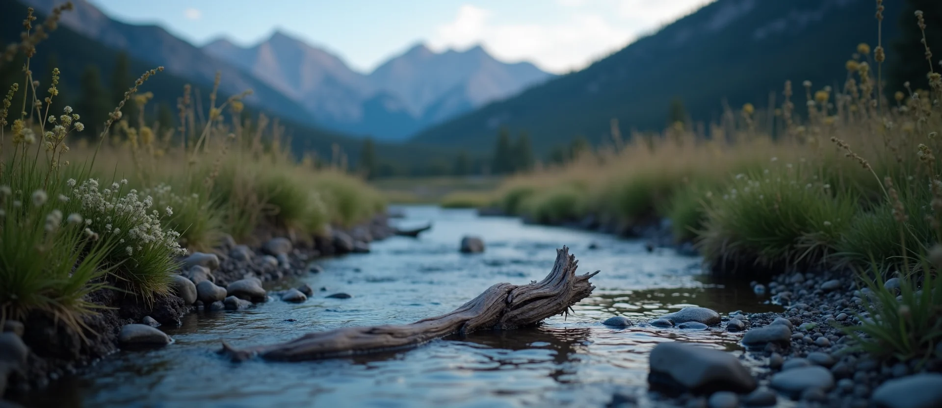 Symbolizing Flow/Cleansing: A local Indian Paintbrush babbling mountain creek. - AI Generated
