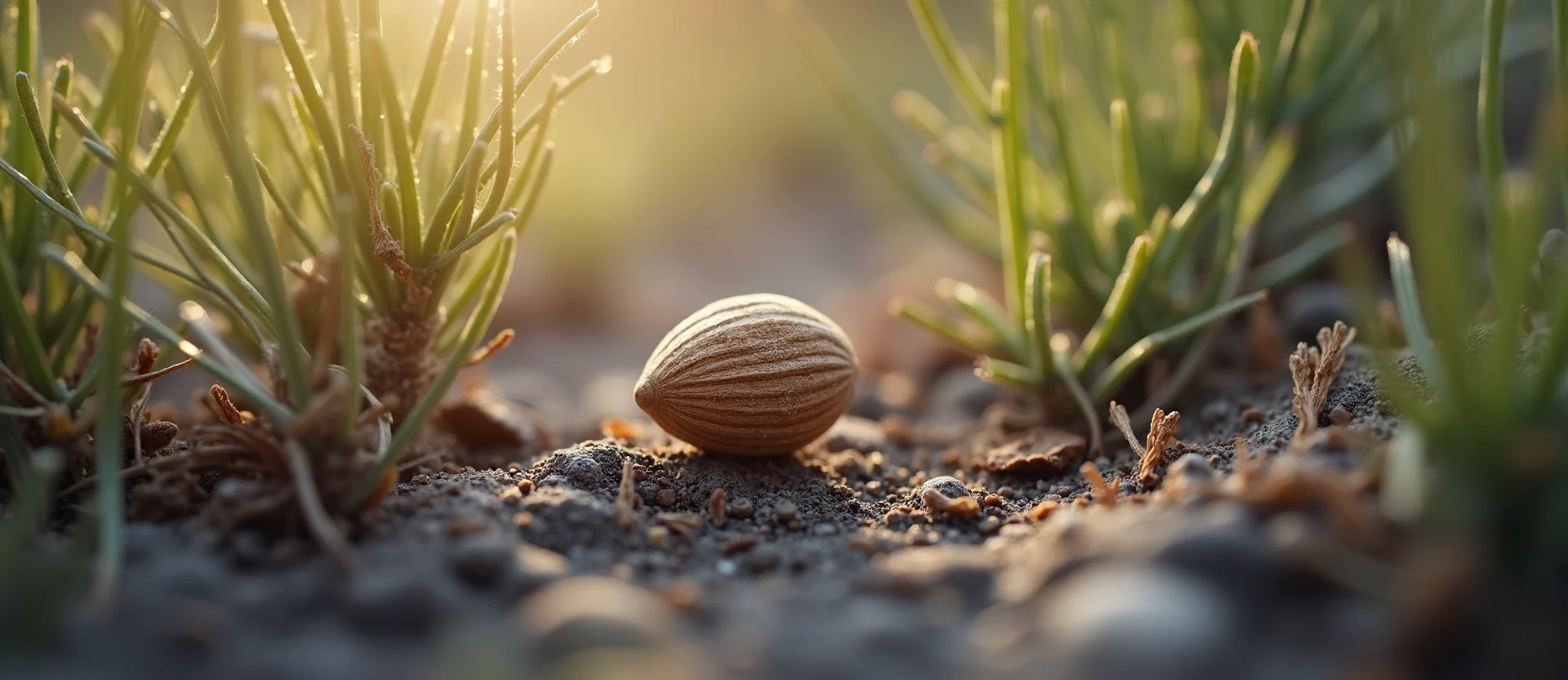 Symbolizing Seed/New Beginning: A local Bitterbrush single pine seed on dry earth. - AI Generated